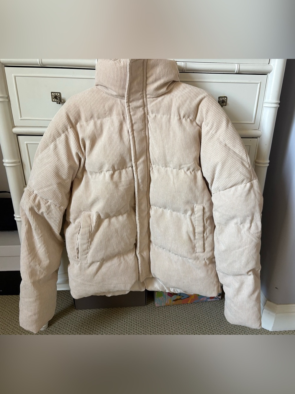 Beige Oversized Corduroy Puffer Jacket!